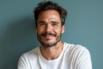 A close up portrait of a young man with a subtle smile
