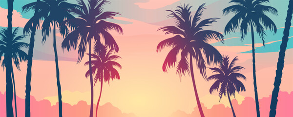 Palm trees and a beautiful sunset landscape. Silhouettes of tall palm trees against a stunning sky with amazing clouds. Vector illustration of natural paradise panoramic landscape. Dream, freedom. © LoveSan