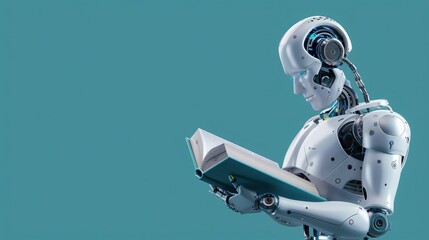 Robot reading a book. Robotic cyborg pressing buttons. Banner with space for text.