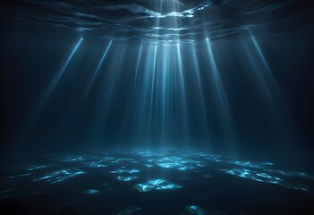 A dark, moody underwater scene with beams of blue light shining through the water, creating a mysterious and ethereal atmosphere