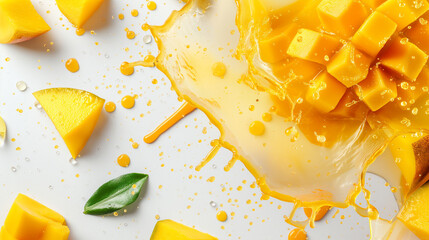 A slice of mango drops in orange juice, blending vibrant flavors
