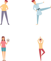 Physical education icons set cartoon vector. Teenager doing physical exercise. Fitness training, sport