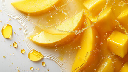 Ripe mango pieces dropping into a pool of sweet juice