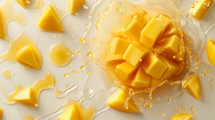 A slice of mango drops in orange juice, blending vibrant flavors