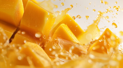 A slice of mango drops in orange juice, blending vibrant flavors