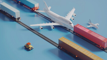 Naklejka premium Global Supply Chain: Business Logistics in Action with Plane, Truck, and Train