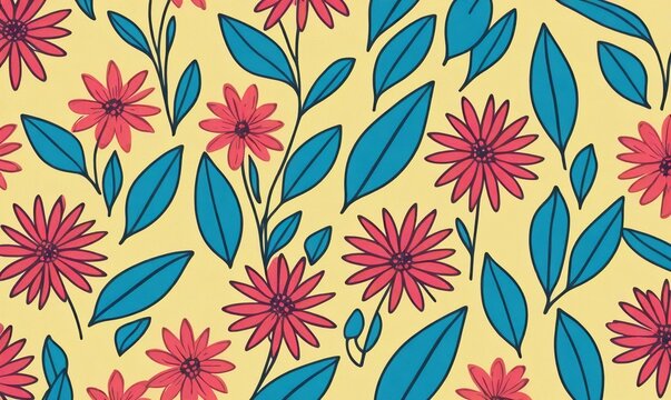 tapestry composed of red flowers, green leaves on a yellow background - Powered by Adobe