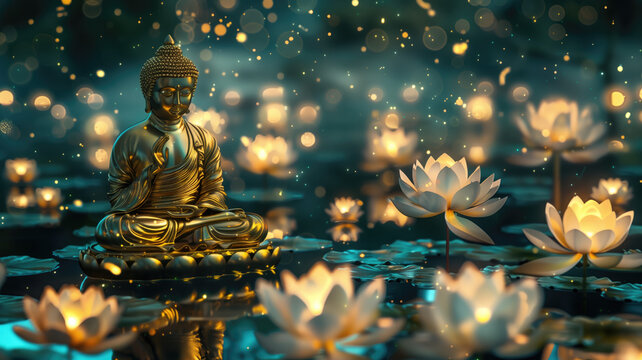 glowing Lotus flowers and gold buddha statue, generative AI