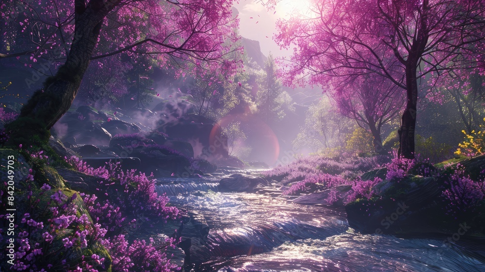 Wall mural A scene featuring bright sunlit areas a flowing river and a purple hued forest