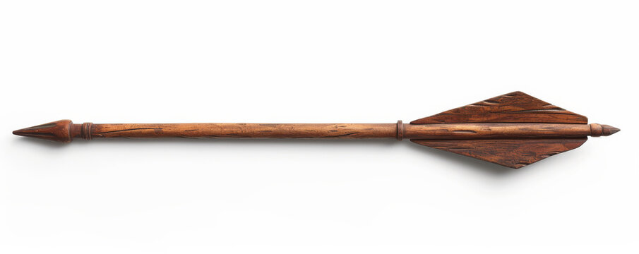 Wooden arrow with feather fletching on white background, isolated object. Traditional archery equipment concept