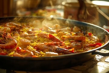 Delicious Seafood Paella in Sunlit Kitchen, Culinary Photography