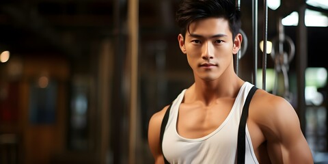 Fototapeta premium Portrait of a Stylish and Athletic Asian Male Model. Concept Portrait Photography, Asian Male Model, Stylish Outfit, Athletic Poses, Fashionable Editorial