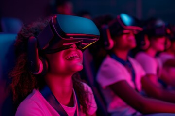 A diverse group of young people get entertained by interactive technology at a futuristic tech event. They enjoy an immersive virtual reality experience through innovative VR headsets