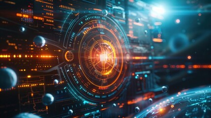 Obraz premium Futuristic Digital Interface With Glowing Circuits and Planetary Elements in Space