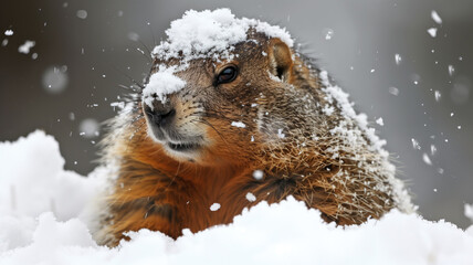 Obraz premium Groundhog covered in snow on Groundhog Day