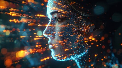 AI generated image of a female face with digital effects. The portrait showcases a mix of futuristic and artistic elements with glowing lights.