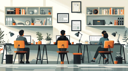 Fototapeta premium Illustration of a modern office workspace featuring a team of professionals working at desks, highlighting collaboration, productivity, and a well-organized environment.