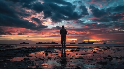 Fototapeta premium Person standing on wet ground at vibrant sunset with colorful clouds and reflections