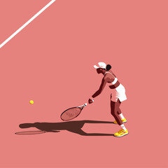 Black woman playing tennis, professional level, competition, dressed in white outfit, on pink court, flat design vector illustration