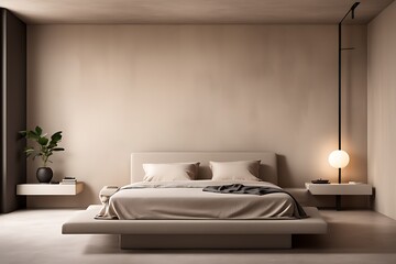 Minimalist interior design of modern bedroom with beige stucco wall.	