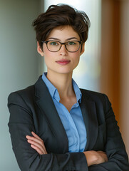 portrait of a young professional woman with short hair wearing glasses