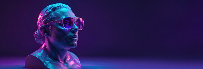 Naklejka premium Plaster bust of a man with glasses on a purple background with neon lighting