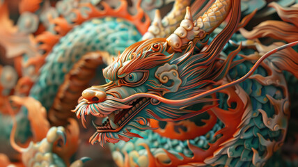 Obraz premium Happy chinese new year , the dragon zodiac sign with clouds, lantern, asian elements gold paper cut on color background. Year of the dragon banner 3D avatars set
