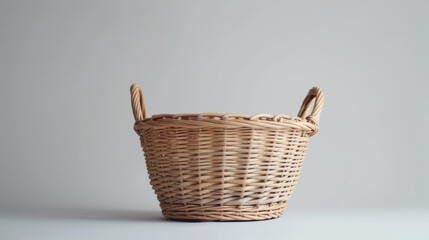 Wicker basket with handles on plain background, minimalistic design concept