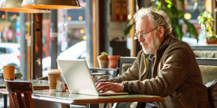 Retired professional sitting in a modern cafe, deeply engrossed in writing his blog on a sleek laptop, with a cup of artisan coffee by his side.