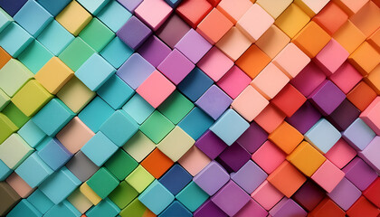 Abstract background of squares and 3D colorful cubes mosaic and geometric. Red yellow blue green purple red  pink 