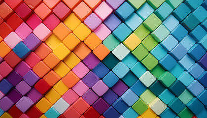 Abstract background of squares and 3D colorful cubes mosaic and geometric. Red yellow blue green purple red  pink 