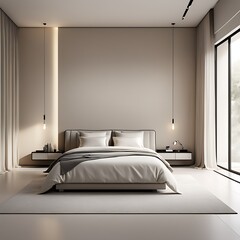 Minimalist interior design of modern bedroom with beige stucco wall.	