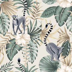 Tropical floral palm leaves, hibiscus flower, lemur animal seamless pattern. Exotic jungle wallpaper. © good_mood