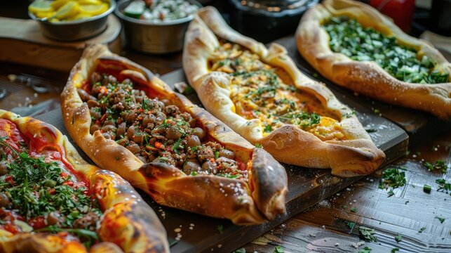 Tasty Greek pide pastry with a variety of fillings edited picture
