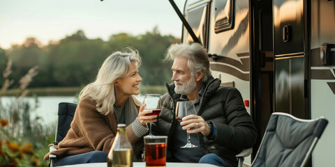 Happy mature couple sitting by their caravan home drinking red wine. Senior husband and wife traveling on holidays by trailer camper van.