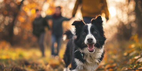 Friendly happy dog running on the grass in autumn park on sunny fall day. Walking a dog outdoors.