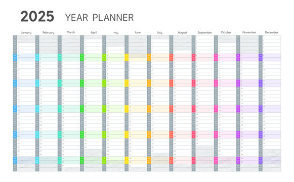 2025 year wall calendar, planner for daily and monthly agenda with rainbow colored weekend. Blank planner template for 2025 year with twelve months vertical grid, vector illustration