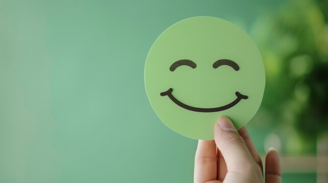 Hand holding green paper cut smile face on green background, positive thinking, mental health assessment , world mental health day concept