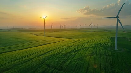 Sustainable energy windmills, green field, efficient electricity production, vibrant green energy landscape