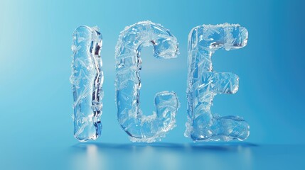 Text ICE made of water ice, blue background