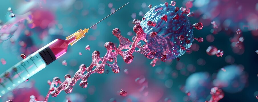 Three-dimensional render of a stem cell being injected with DNA, showcasing vibrant colors and intricate details of genetic material, photo-realistic