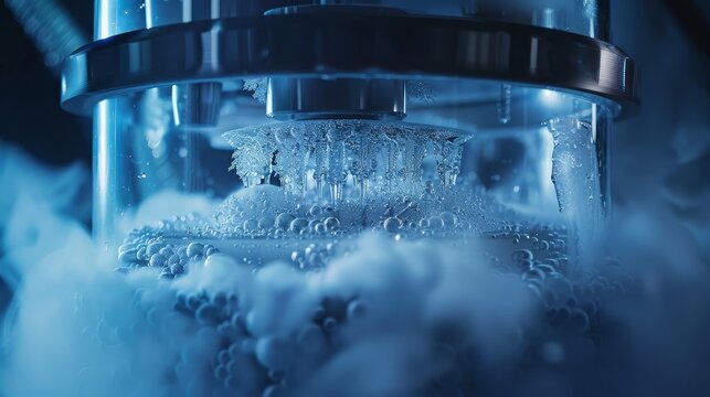 Ultra-realistic close-up of a cryogenic liquid nitrogen bank with cell suspension, intricate frost patterns, sharp details