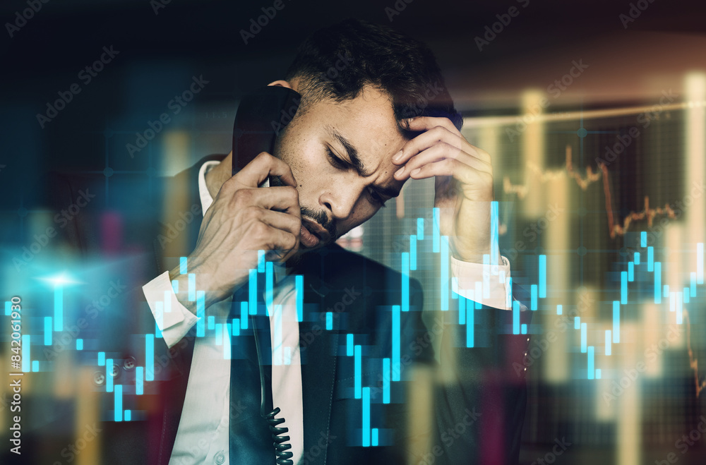 Poster businessman, stress and phone call with graph and overlay in office for communication at night. stoc