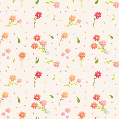 Seamless pattern with pink, red, orange scattered flowers with leaves for decoration.