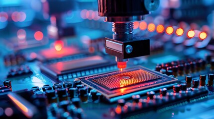 Silicon dies being attached to a substrate by a pick-and-place machine in a semiconductor factory. Computer chip manufacturing at a fab during the packaging process.