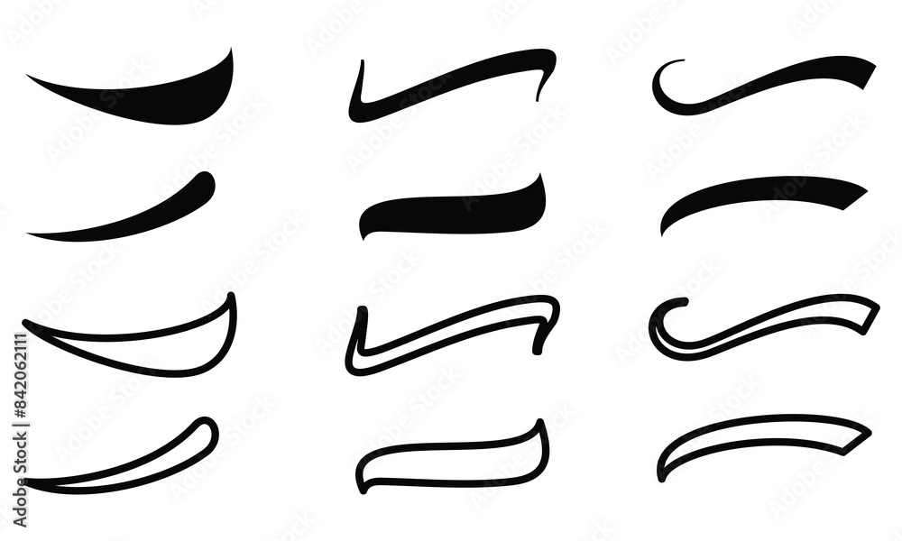 Fototapete set of swoosh and swoop underline typography tails shape in flat styles. brush drawn curved smear. h