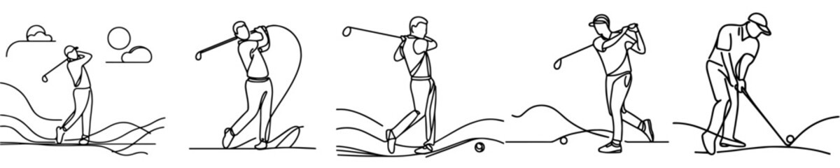 vector set of continuous line drawings of men playing golf