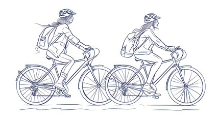 Two women are riding bicycles with backpacks