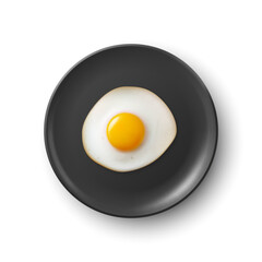 Vector 3d Realistic Fried Egg on a Black Dish, Plate Closeup Isolated in Top View. Design Template of Scrambled Eggs, Fried Egg, Omelette. Delicious Breakfast, Food, Culinary Concept