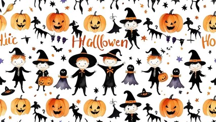 Halloween pattern, boys and girls in Halloween costumes, pumpkins, bats and ghosts on a white background, Halloween wallpaper or background